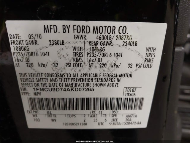 Продажа на аукционе авто 2010 Ford Escape Xlt, vin: 1FMCU9D74AKD07265, номер лота: 44888600