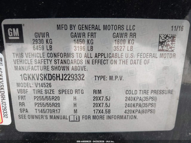 2017 Gmc Acadia Limited მანქანა იყიდება აუქციონზე, vin: 1GKKVSKD6HJ229332, აუქციონის ნომერი: 44888625