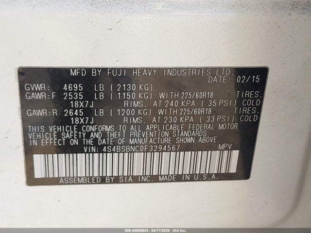 Продаж на аукціоні авто 2015 Subaru Outback 2.5i Limited, vin: 4S4BSBNC0F3294567, номер лоту: 44888643