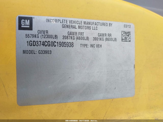 Auction sale of the 2012 Gmc Savana Cutaway Work Van, vin: 1GD374CG0C1905938, lot number: 44888658