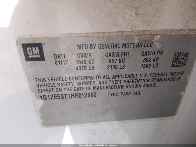 44888661 :رقم المزاد ، 1G1ZE5ST1HF212002 vin ، 2017 Chevrolet Malibu 1lt مزاد بيع
