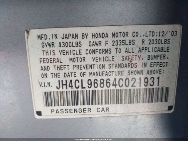 Aukcja sprzedaży 2004 Acura Tsx, vin: JH4CL96864C021931, numer aukcji: 44888666