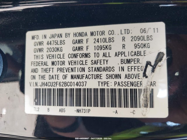 Продаж на аукціоні авто 2011 Acura Tsx 2.4, vin: JH4CU2F62BC014037, номер лоту: 44888667
