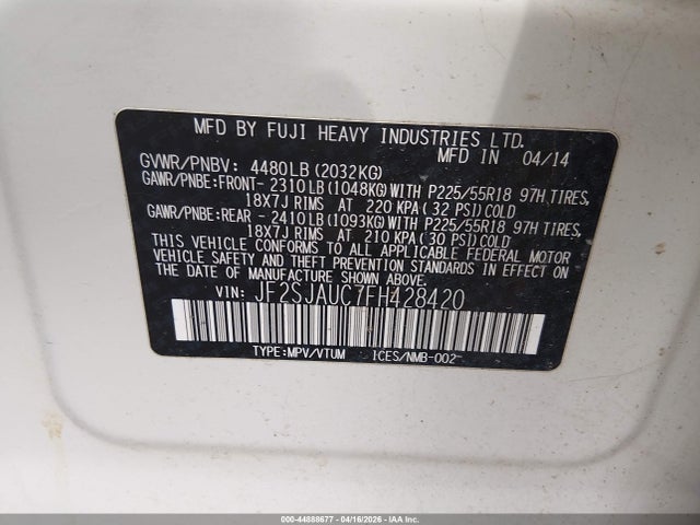 Aukcja sprzedaży 2015 Subaru Forester 2.5i Touring, vin: JF2SJAUC7FH428420, numer aukcji: 44888677