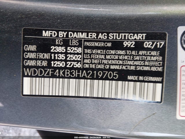 44888686 :رقم المزاد ، WDDZF4KB3HA219705 vin ، 2017 Mercedes-benz E 300 4matic مزاد بيع