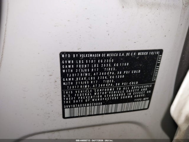 Aukcja sprzedaży 2019 Volkswagen Tiguan 2.0t S, vin: 3VV1B7AX3KM029898, numer aukcji: 44888713