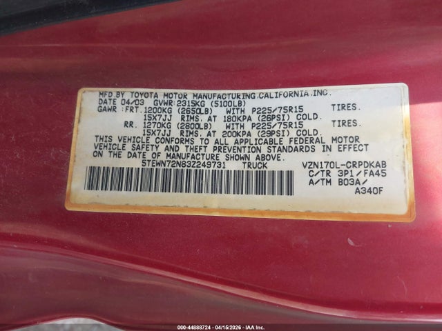 2003 TOYOTA TACOMA 5TEWN72N83Z249731 Photo 8