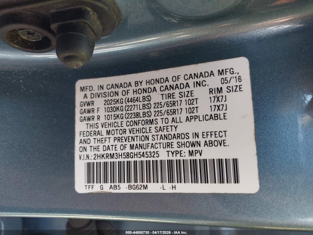 Продажа на аукционе авто 2016 Honda Cr-v Ex, vin: 2HKRM3H58GH545325, номер лота: 44888730