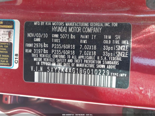 44888733 :رقم المزاد ، 5XYZK4AG1BG010229 vin ، 2011 Hyundai Santa Fe Limited V6 مزاد بيع