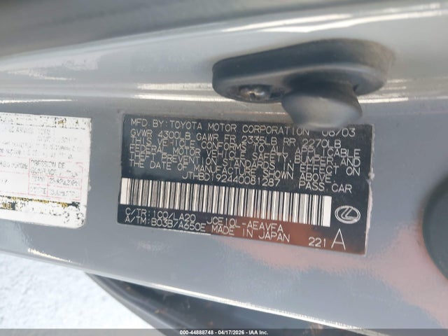 Aukcja sprzedaży 2004 Lexus Is 300, vin: JTHBD192440081287, numer aukcji: 44888748