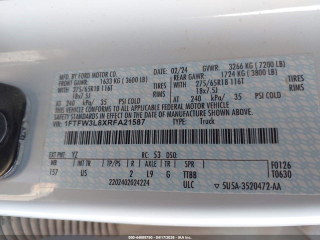 Продаж на аукціоні авто 2024 Ford F-150 Xlt, vin: 1FTFW3L8XRFA21587, номер лоту: 44888750