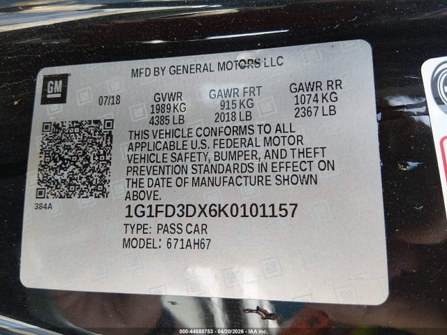 44888753 :رقم المزاد ، 1G1FD3DX6K0101157 vin ، 2019 Chevrolet Camaro 3lt مزاد بيع