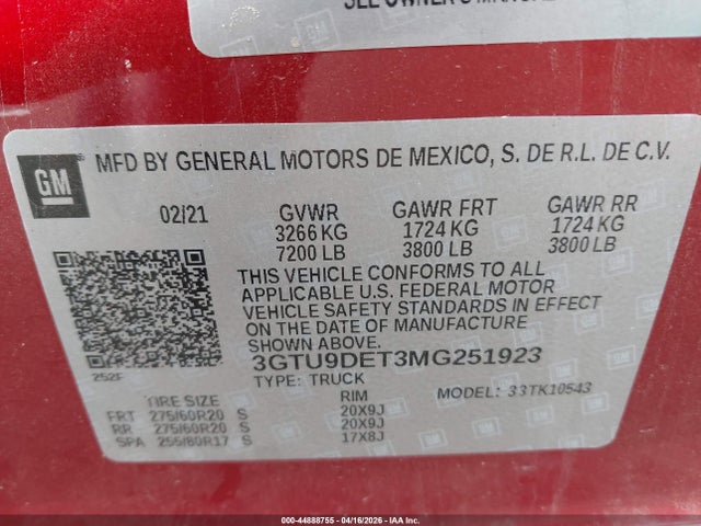 44888755 :رقم المزاد ، 3GTU9DET3MG251923 vin ، 2021 Gmc Sierra 1500 4wd  Short Box Slt مزاد بيع