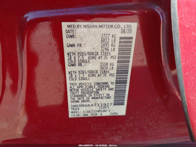 Auction sale of the 2020 Nissan Frontier Sv 4x2, vin: 1N6ED0EA4LN711927, lot number: 44888761