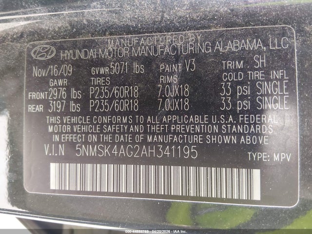 Aukcja sprzedaży 2010 Hyundai Santa Fe Limited V6, vin: 5NMSK4AG2AH341195, numer aukcji: 44888769