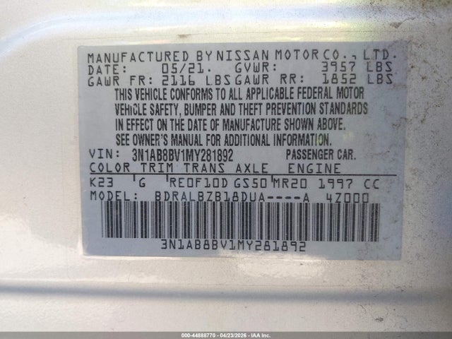 44888770 :رقم المزاد ، 3N1AB8BV1MY281892 vin ، 2021 Nissan Sentra S Xtronic Cvt مزاد بيع