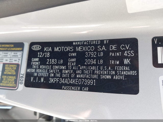 Aukcja sprzedaży 2019 Kia Forte S, vin: 3KPF34AD4KE073991, numer aukcji: 44888771