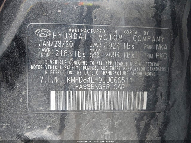 44888772 :رقم المزاد ، KMHD84LF9LU066511 vin ، 2020 Hyundai Elantra Value Edition مزاد بيع