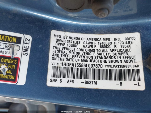 44888779 :رقم المزاد ، 1HGFA16586L007870 vin ، 2006 Honda Civic Lx مزاد بيع
