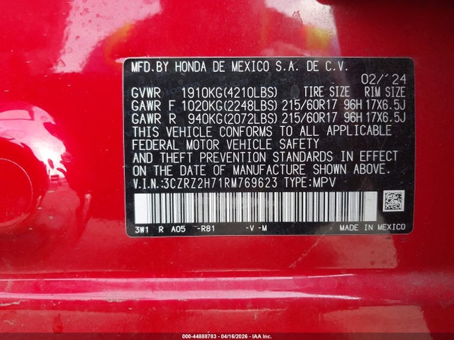 3CZRZ2H71RM769623 Honda Hr-v Awd Ex-l/awd Ex-l W/o Bsi