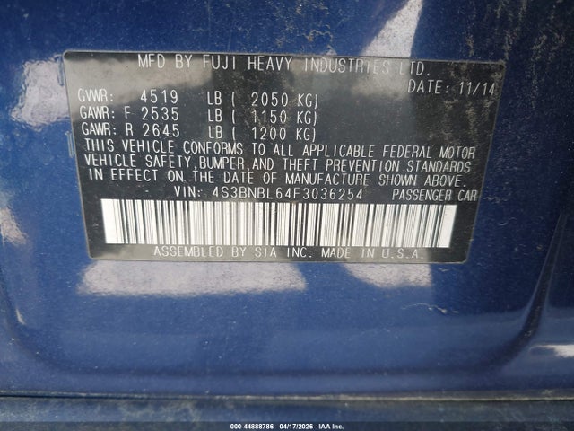 Продаж на аукціоні авто 2015 Subaru Legacy 2.5i Limited, vin: 4S3BNBL64F3036254, номер лоту: 44888786