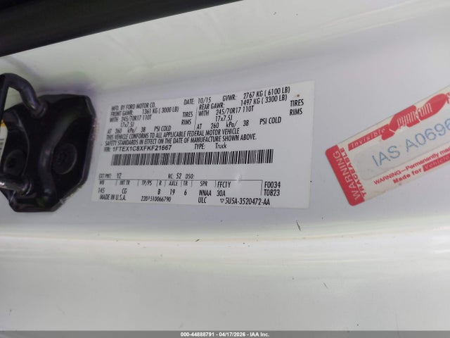 Aukcja sprzedaży 2015 Ford F-150 Xl, vin: 1FTEX1C8XFKF21667, numer aukcji: 44888791