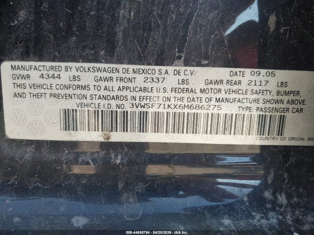 Продаж на аукціоні авто 2006 Volkswagen Jetta 2.5, vin: 3VWSF71KX6M686275, номер лоту: 44888794