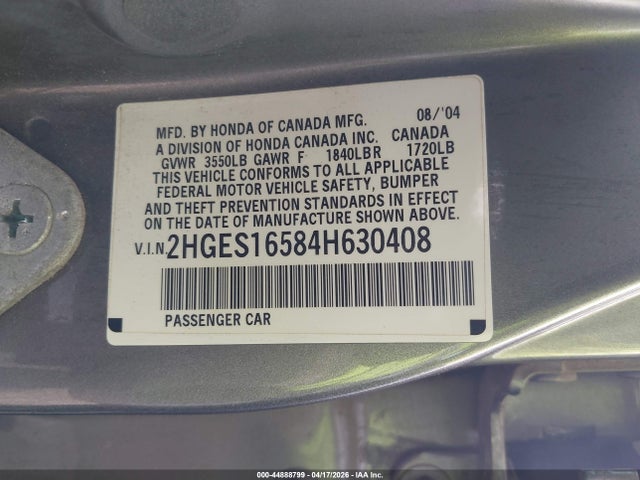 2004 Honda Civic Lx მანქანა იყიდება აუქციონზე, vin: 2HGES16584H630408, აუქციონის ნომერი: 44888799