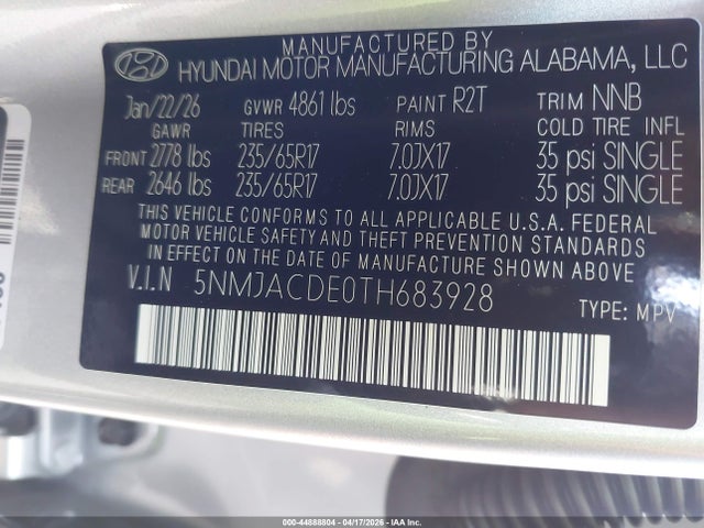 Aukcja sprzedaży 2026 Hyundai Tucson Se, vin: 5NMJACDE0TH683928, numer aukcji: 44888804