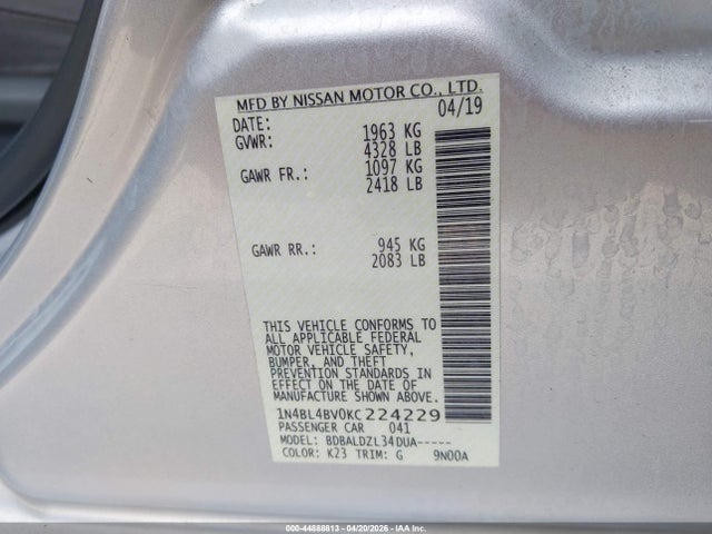 Auction sale of the 2019 Nissan Altima 2.5 S, vin: 1N4BL4BV0KC224229, lot number: 44888813