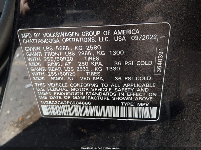 1V2BC2CA2PC204886 Volkswagen Atlas Cross Sport 2.0t Sel