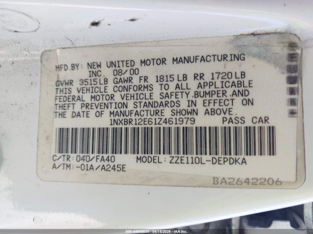 2001 TOYOTA COROLLA 1NXBR12E61Z461979 Photo 8
