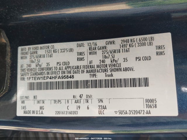 2017 Ford F-150 Xlt მანქანა იყიდება აუქციონზე, vin: 1FTEW1EP4HFA95848, აუქციონის ნომერი: 44888821