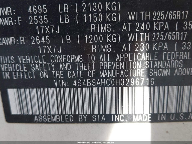 2017 Subaru Outback 2.5i Premium მანქანა იყიდება აუქციონზე, vin: 4S4BSAHC0H3296716, აუქციონის ნომერი: 44888831