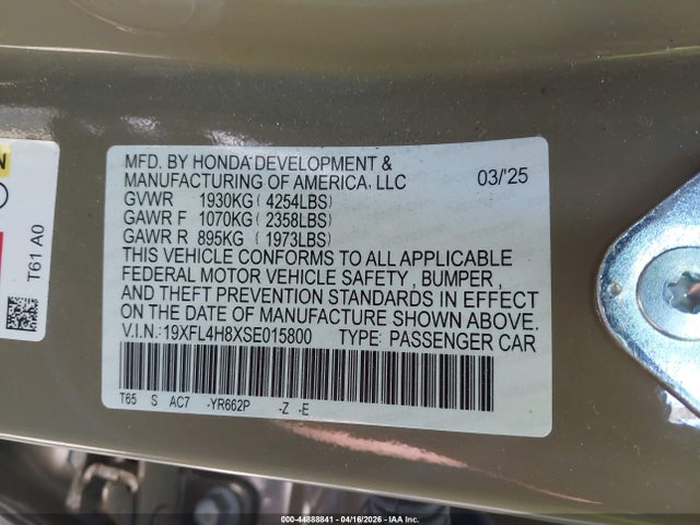 2025 Honda Civic Hybrid Sport მანქანა იყიდება აუქციონზე, vin: 19XFL4H8XSE015800, აუქციონის ნომერი: 44888841