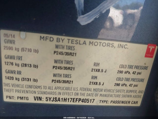 Продажа на аукционе авто 2014 Tesla Model S P85, vin: 5YJSA1H17EFP40517, номер лота: 44888844
