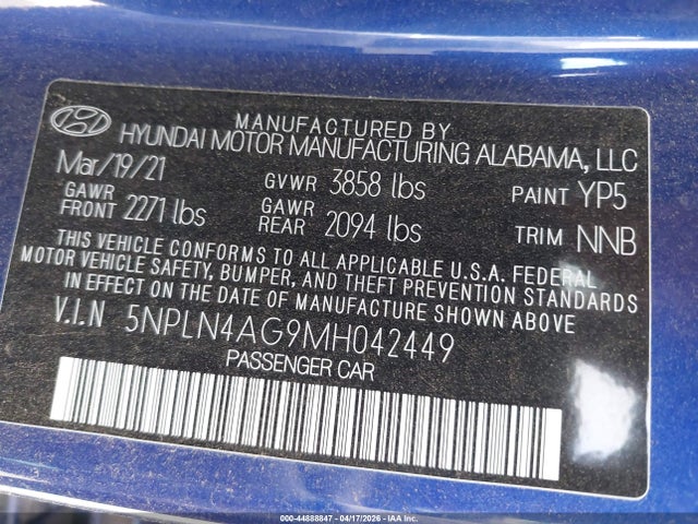 44888847 :رقم المزاد ، 5NPLN4AG9MH042449 vin ، 2021 Hyundai Elantra Sel مزاد بيع