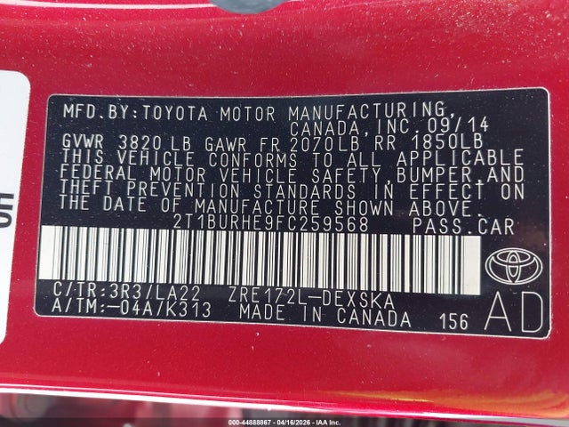 44888867 :رقم المزاد ، 2T1BURHE9FC259568 vin ، 2015 Toyota Corolla S Premium مزاد بيع
