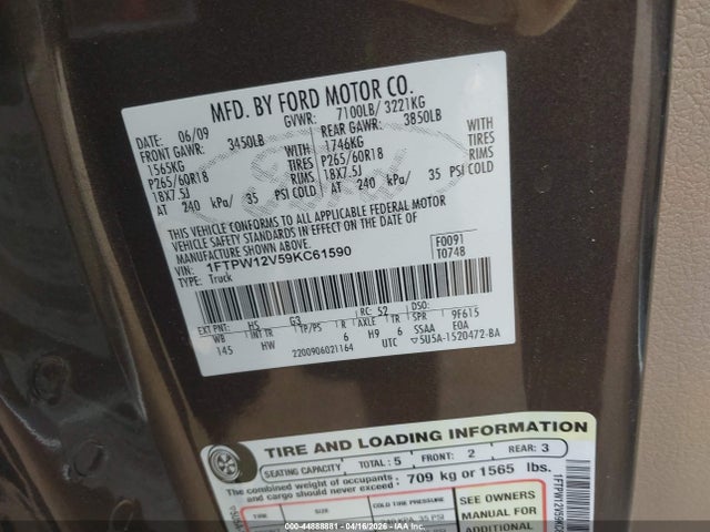 Aukcja sprzedaży 2009 Ford F-150 King Ranch/lariat/platinum/xl/xlt, vin: 1FTPW12V59KC61590, numer aukcji: 44888881