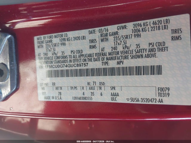 1FMCU0G74GUC89757 Ford ESCAPE SE