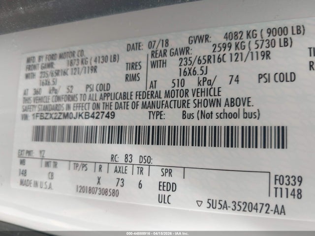 1FBZX2ZM0JKB42749 Ford Transit-350 Xl