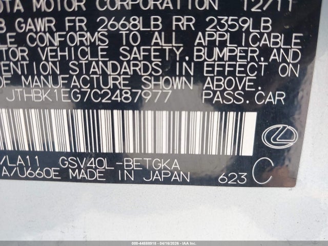 Aukcja sprzedaży 2012 Lexus Es 350, vin: JTHBK1EG7C2487977, numer aukcji: 44888918