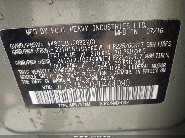 Aukcja sprzedaży 2017 Subaru Forester 2.5i Premium, vin: JF2SJADC0HH444090, numer aukcji: 44888920