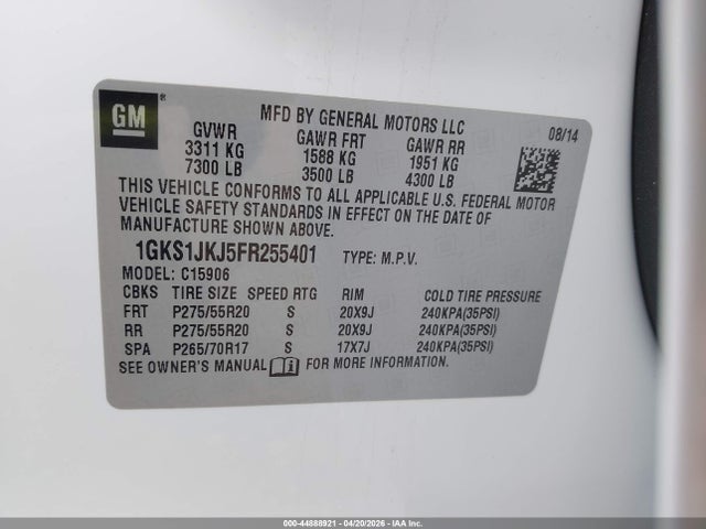 Продаж на аукціоні авто 2015 Gmc Yukon Xl 1500 Denali, vin: 1GKS1JKJ5FR255401, номер лоту: 44888921