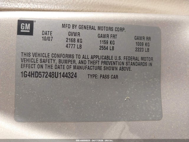 Aukcja sprzedaży 2008 Buick Lucerne Cxl, vin: 1G4HD57248U144324, numer aukcji: 44888925
