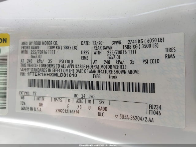 Aukcja sprzedaży 2021 Ford Ranger Xl, vin: 1FTER1EHXMLD01010, numer aukcji: 44888930