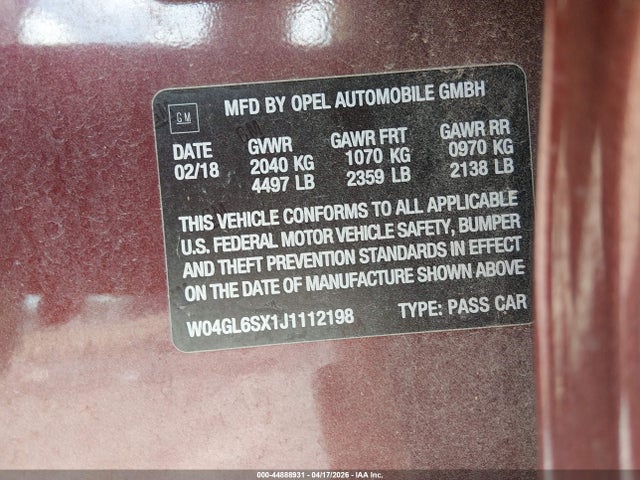 Продажа на аукционе авто 2018 Buick Regal Sportback Preferred, vin: W04GL6SX1J1112198, номер лота: 44888931