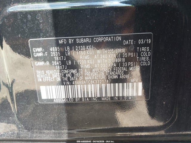 2019 Subaru Outback 2.5i Touring მანქანა იყიდება აუქციონზე, vin: 4S4BSATC8K3321747, აუქციონის ნომერი: 44888940