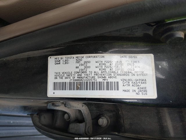 44888958 :رقم المزاد ، JT3GN86R210205751 vin ، 2001 Toyota 4runner Sr5 V6 مزاد بيع