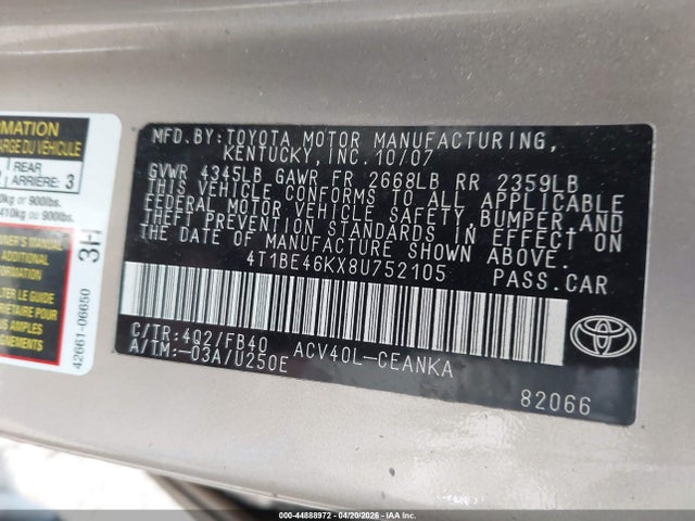 Aukcja sprzedaży 2008 Toyota Camry Le, vin: 4T1BE46KX8U752105, numer aukcji: 44888972